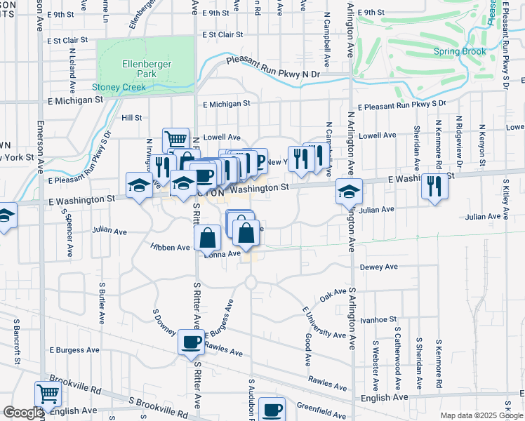 map of restaurants, bars, coffee shops, grocery stores, and more near 49 South Audubon Road in Indianapolis