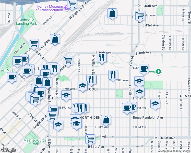 map of restaurants, bars, coffee shops, grocery stores, and more near in Denver