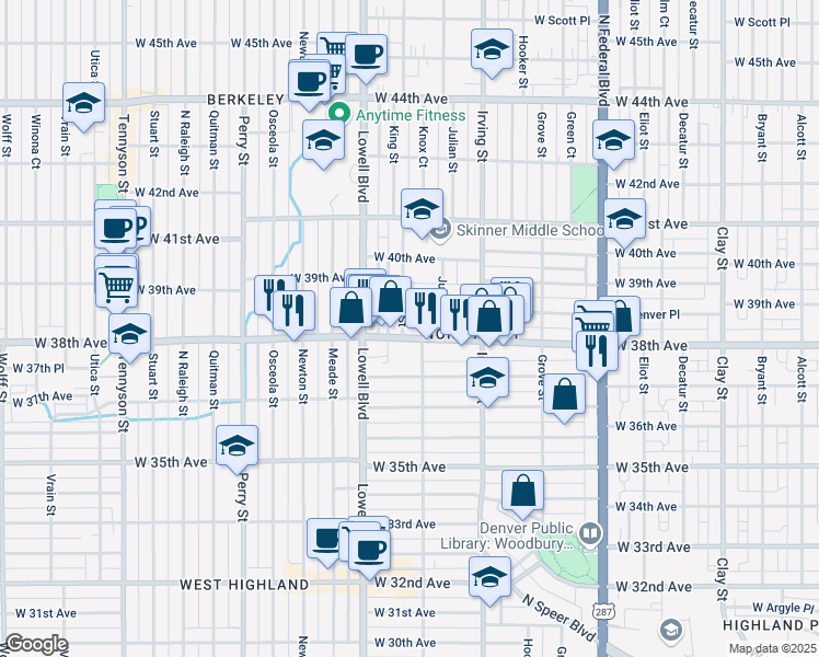 map of restaurants, bars, coffee shops, grocery stores, and more near 3451 West 38th Avenue in Denver