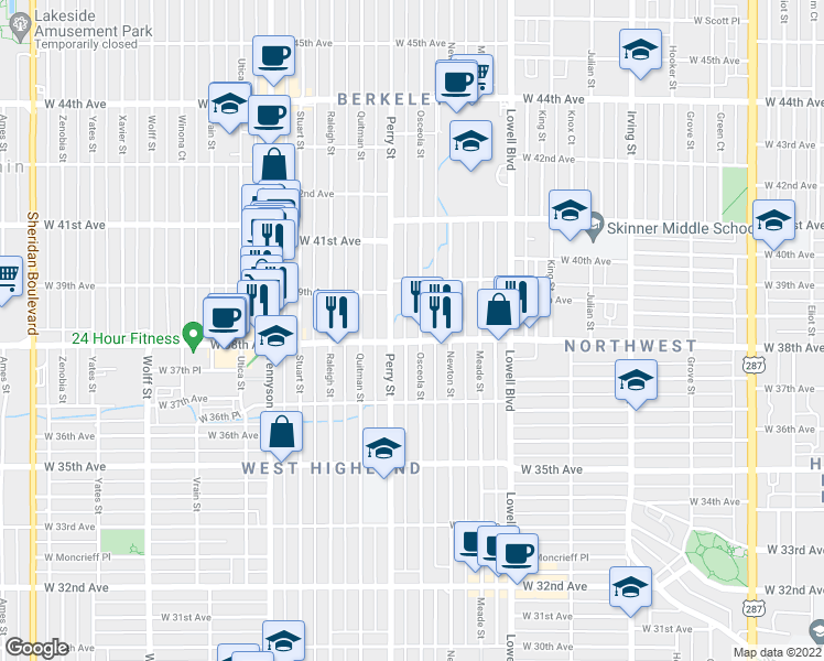 map of restaurants, bars, coffee shops, grocery stores, and more near 3923 West 38th Avenue in Denver