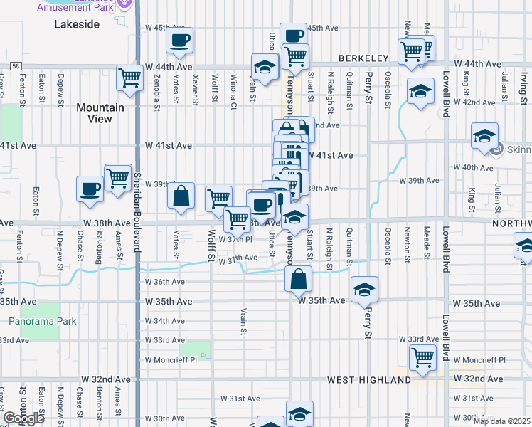 map of restaurants, bars, coffee shops, grocery stores, and more near 4449 West 38th Avenue in Denver