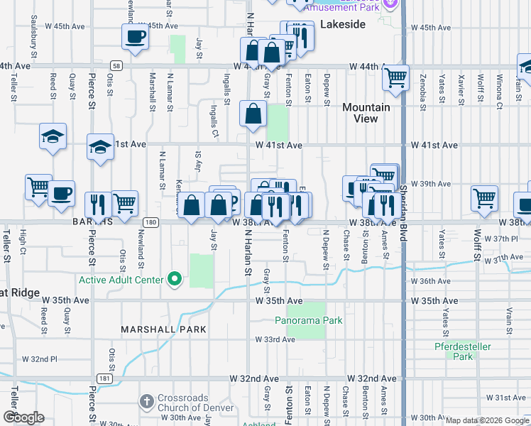 map of restaurants, bars, coffee shops, grocery stores, and more near 5883 West 38th Avenue in Wheat Ridge