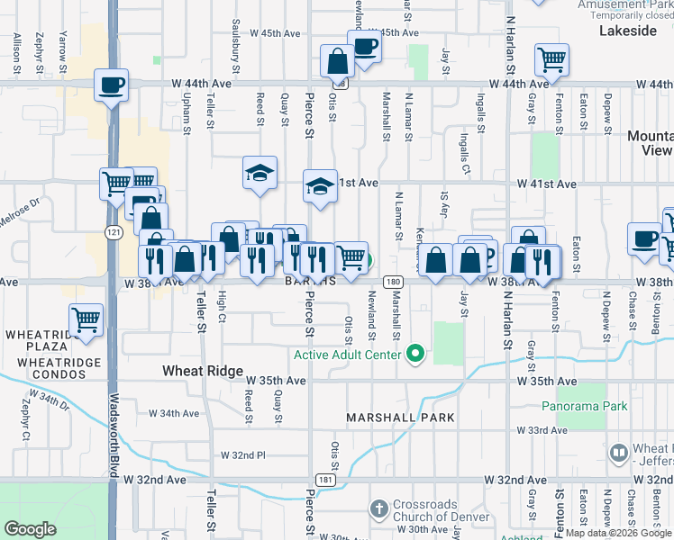 map of restaurants, bars, coffee shops, grocery stores, and more near 6615 West 38th Avenue in Wheat Ridge