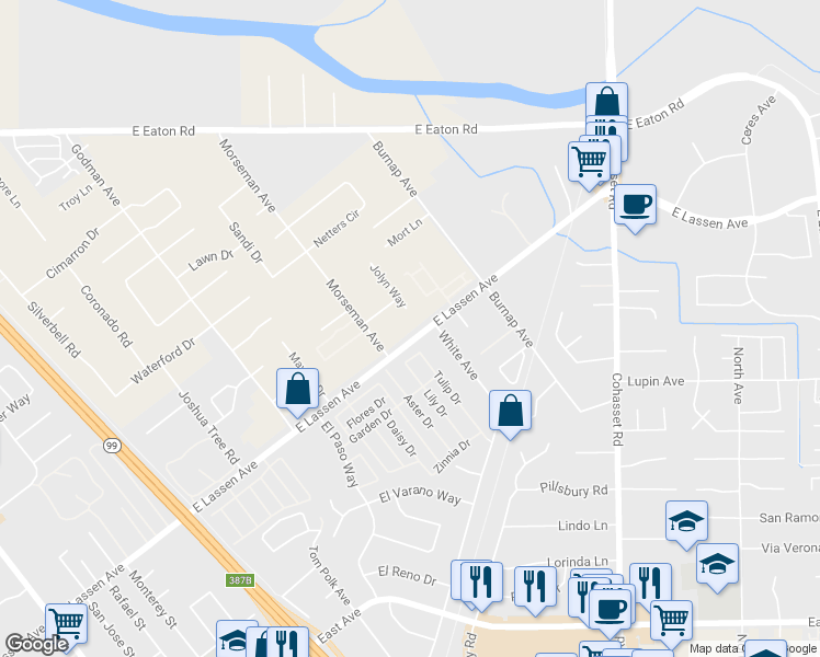 map of restaurants, bars, coffee shops, grocery stores, and more near 2769 White Avenue in Chico