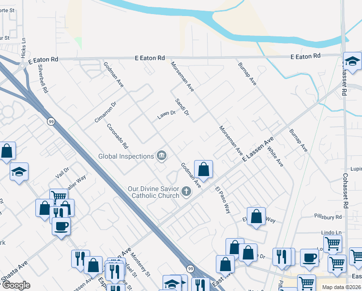 map of restaurants, bars, coffee shops, grocery stores, and more near 8a San Gabriel Drive in Chico