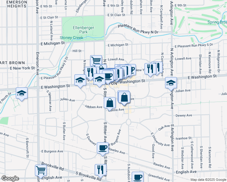 map of restaurants, bars, coffee shops, grocery stores, and more near 43 South Ritter Avenue in Indianapolis
