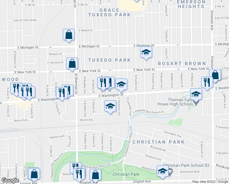 map of restaurants, bars, coffee shops, grocery stores, and more near 4110 East Washington Street in Indianapolis