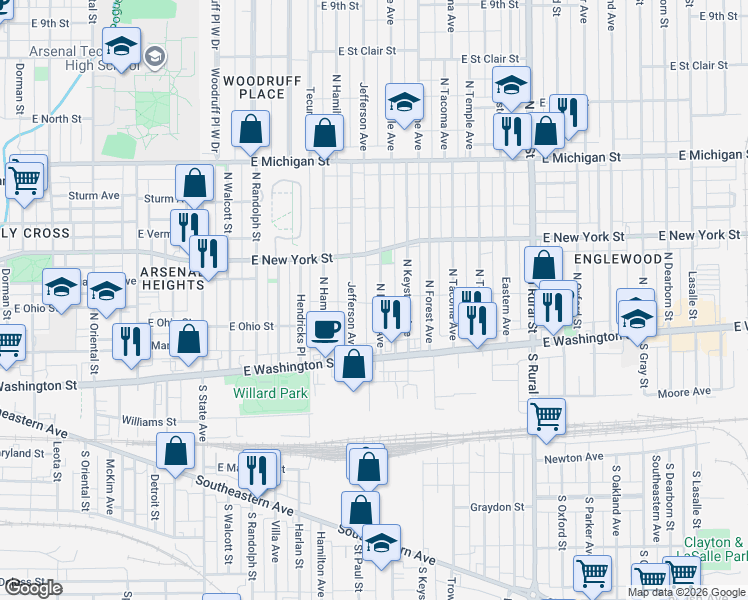 map of restaurants, bars, coffee shops, grocery stores, and more near 49 Jefferson Avenue in Indianapolis