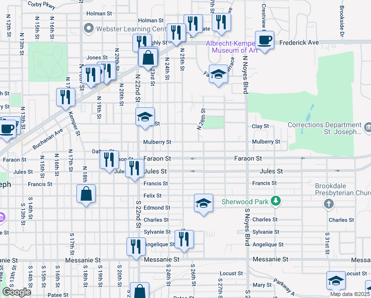 map of restaurants, bars, coffee shops, grocery stores, and more near 2503 Faraon Street in Saint Joseph