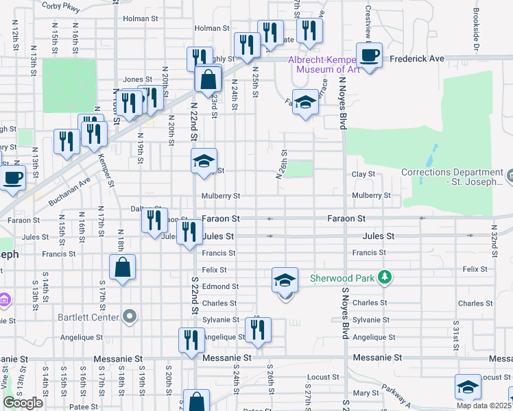 map of restaurants, bars, coffee shops, grocery stores, and more near 2503 Faraon Street in Saint Joseph