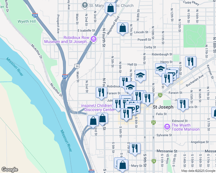 map of restaurants, bars, coffee shops, grocery stores, and more near 410 North 4th Street in Saint Joseph