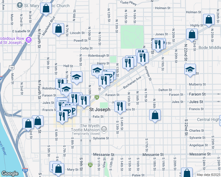 map of restaurants, bars, coffee shops, grocery stores, and more near 1208 Frederick Avenue in Saint Joseph