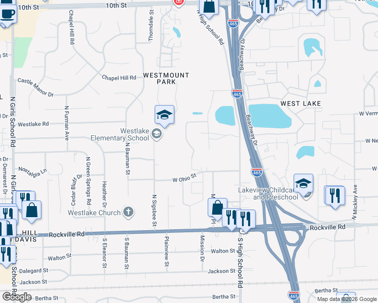 map of restaurants, bars, coffee shops, grocery stores, and more near 6452 West Ohio Street in Indianapolis