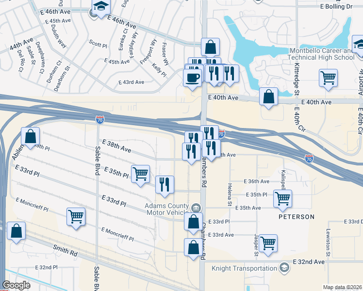 map of restaurants, bars, coffee shops, grocery stores, and more near 15105 East 38th Avenue in Aurora