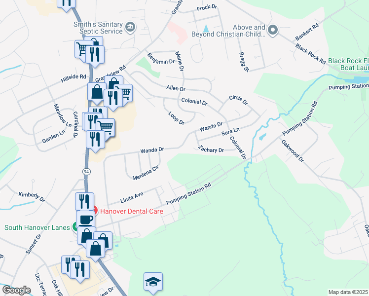 map of restaurants, bars, coffee shops, grocery stores, and more near 1396 Wanda Drive in Hanover