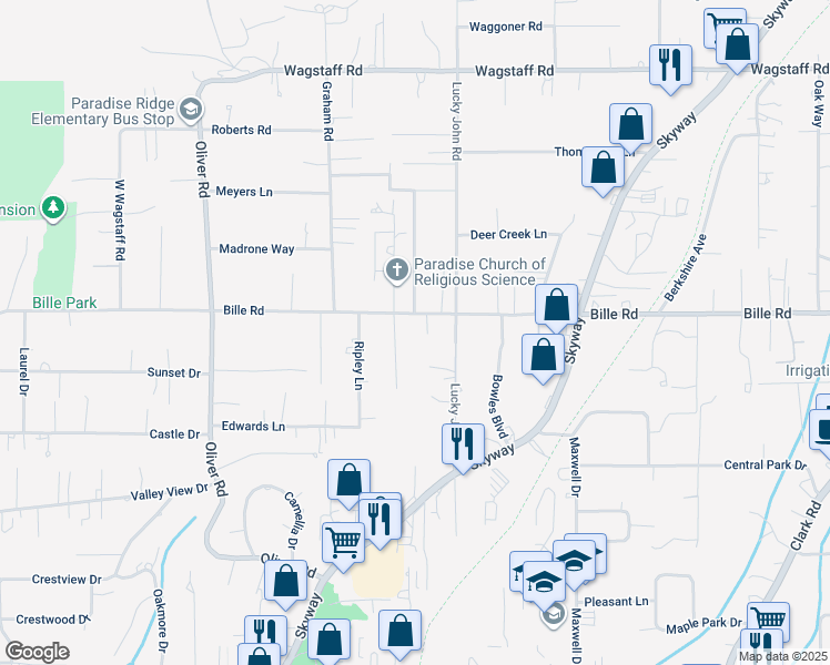 map of restaurants, bars, coffee shops, grocery stores, and more near 6170 Fern Lane in Paradise