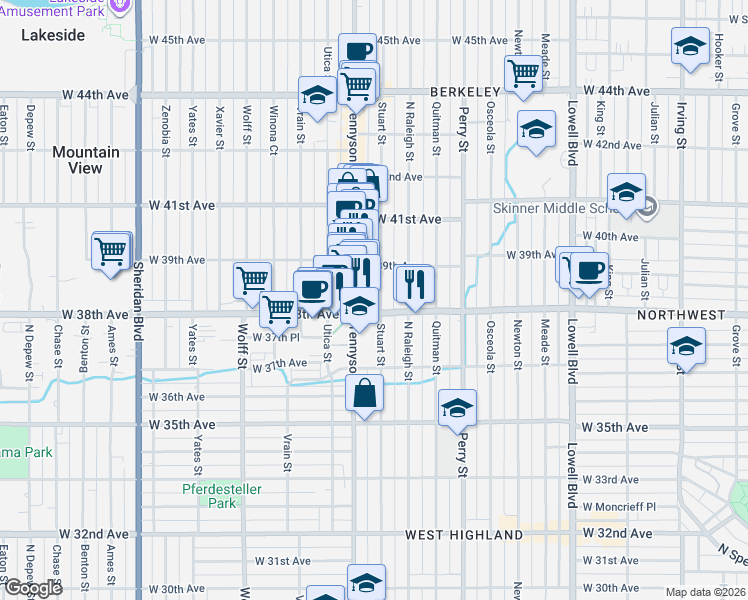 map of restaurants, bars, coffee shops, grocery stores, and more near 3819 Stuart Street in Denver