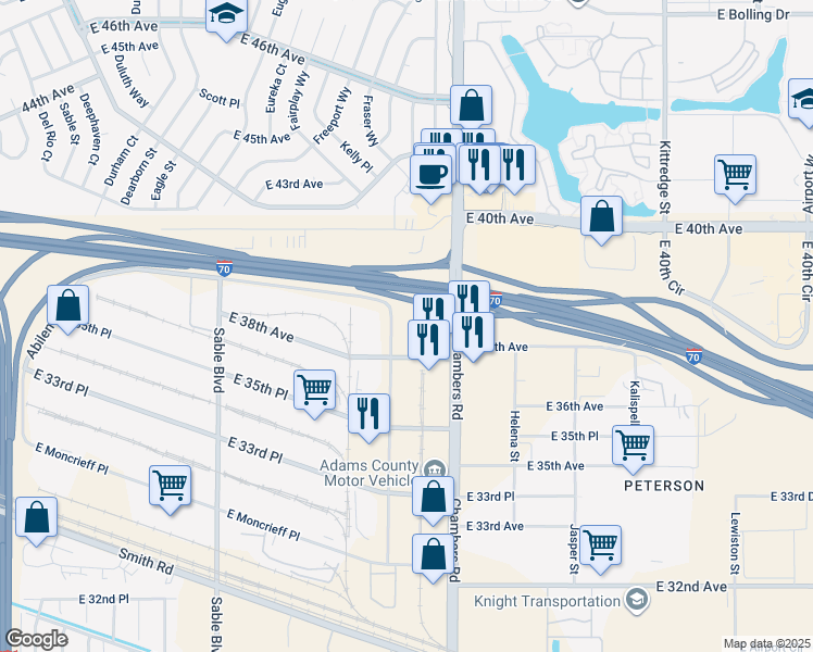 map of restaurants, bars, coffee shops, grocery stores, and more near 15105 East 38th Avenue in Aurora