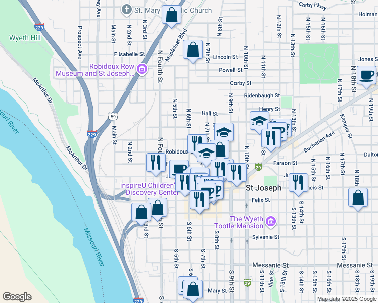 map of restaurants, bars, coffee shops, grocery stores, and more near Robidoux Street in Saint Joseph