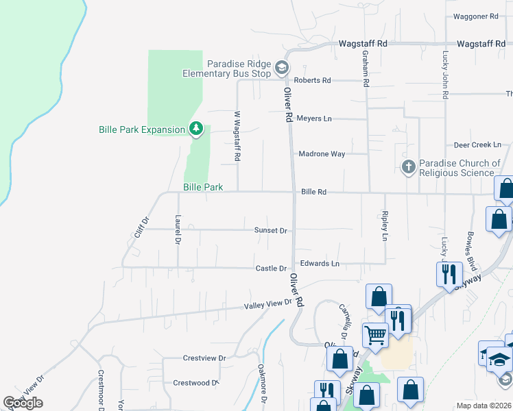 map of restaurants, bars, coffee shops, grocery stores, and more near 6160 Beacon Court in Paradise