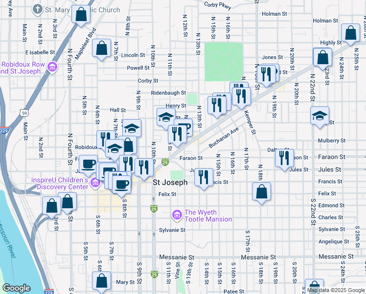 map of restaurants, bars, coffee shops, grocery stores, and more near 1137 Frederick Avenue in St. Joseph