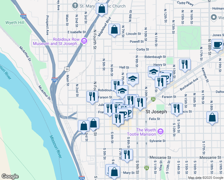 map of restaurants, bars, coffee shops, grocery stores, and more near Robidoux Street in Saint Joseph