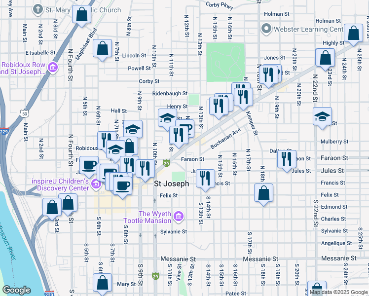 map of restaurants, bars, coffee shops, grocery stores, and more near 1137 Frederick Avenue in St. Joseph