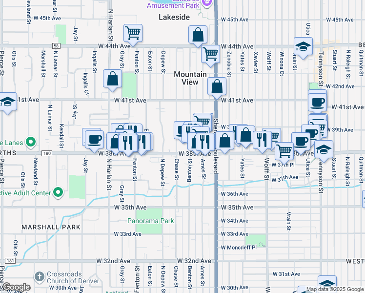 map of restaurants, bars, coffee shops, grocery stores, and more near 5397 West 38th Avenue in Wheat Ridge