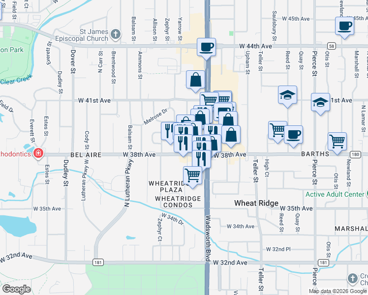 map of restaurants, bars, coffee shops, grocery stores, and more near 7777 West 38th Avenue in Wheat Ridge