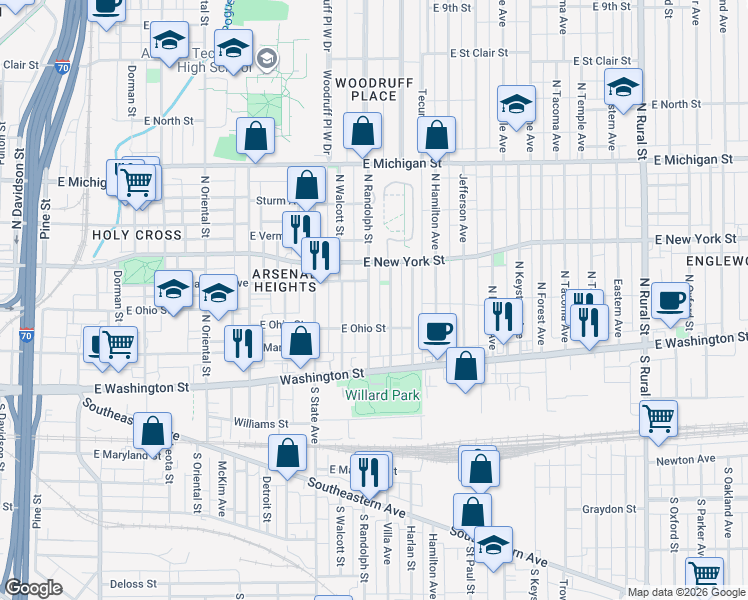 map of restaurants, bars, coffee shops, grocery stores, and more near 233 North Randolph Street in Indianapolis