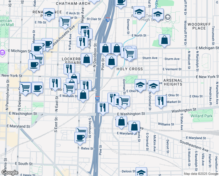map of restaurants, bars, coffee shops, grocery stores, and more near 1020 East Ohio Street in Indianapolis