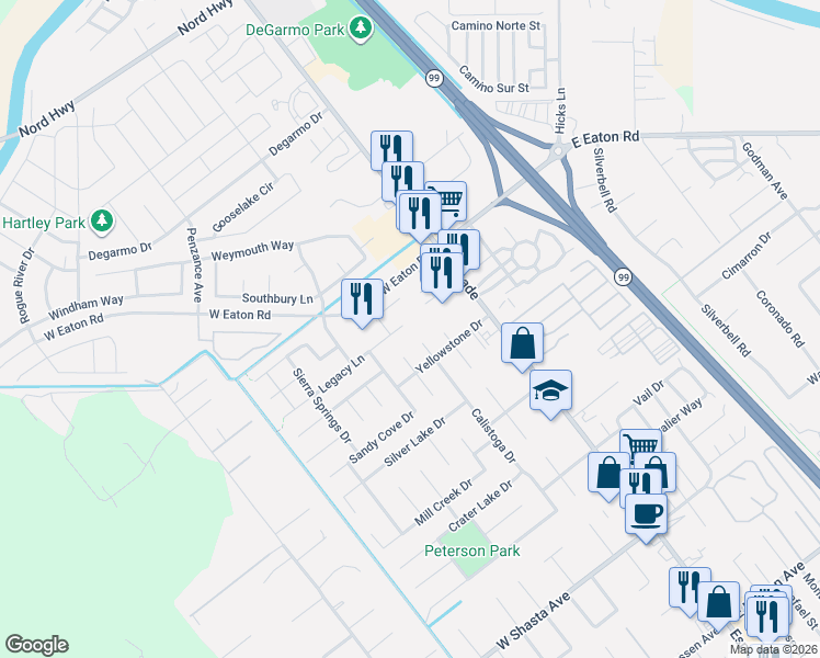 map of restaurants, bars, coffee shops, grocery stores, and more near 3295 Calistoga Drive in Chico
