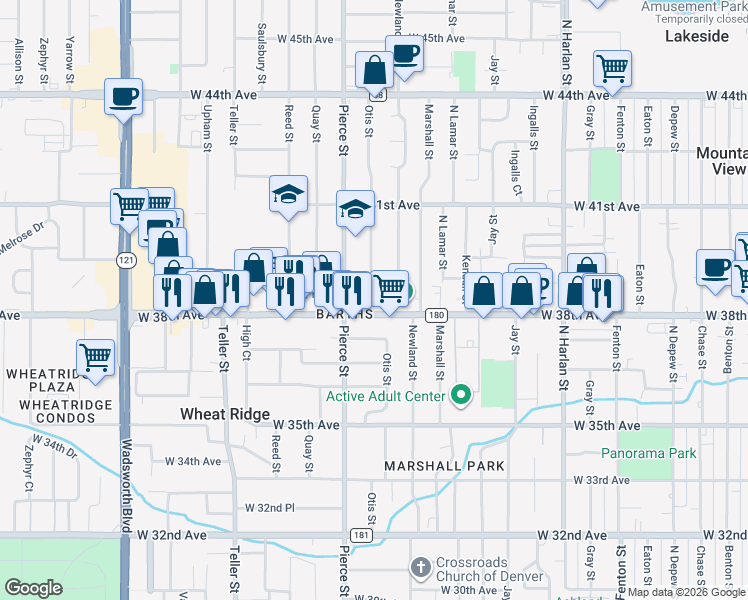 map of restaurants, bars, coffee shops, grocery stores, and more near 6615 West 38th Avenue in Wheat Ridge