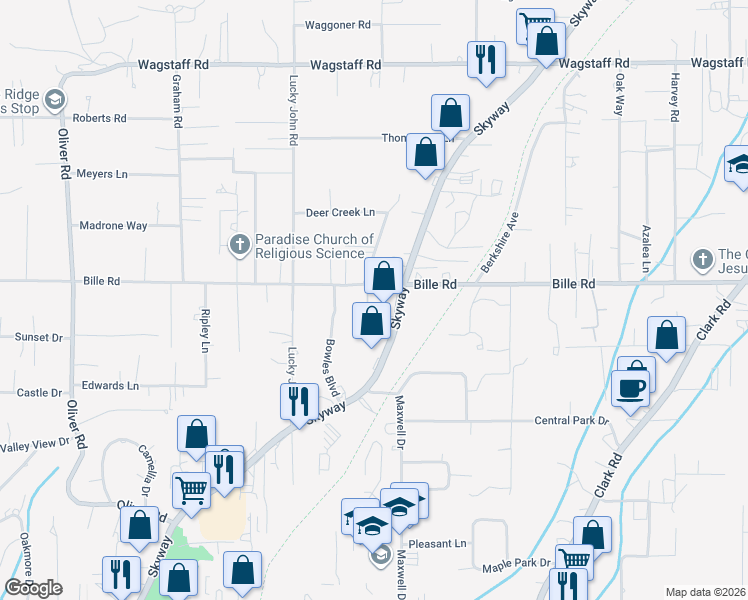 map of restaurants, bars, coffee shops, grocery stores, and more near 958 Bille Road in Paradise