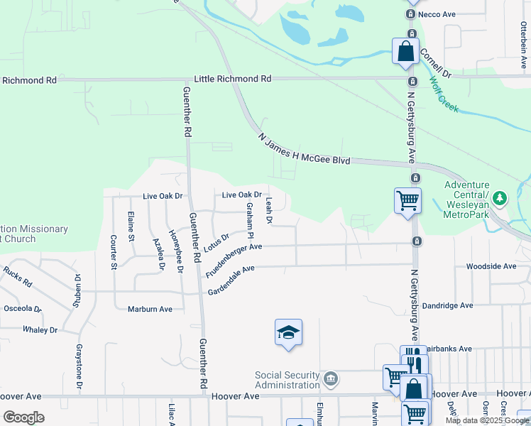 map of restaurants, bars, coffee shops, grocery stores, and more near 1582 Leah Drive in Dayton