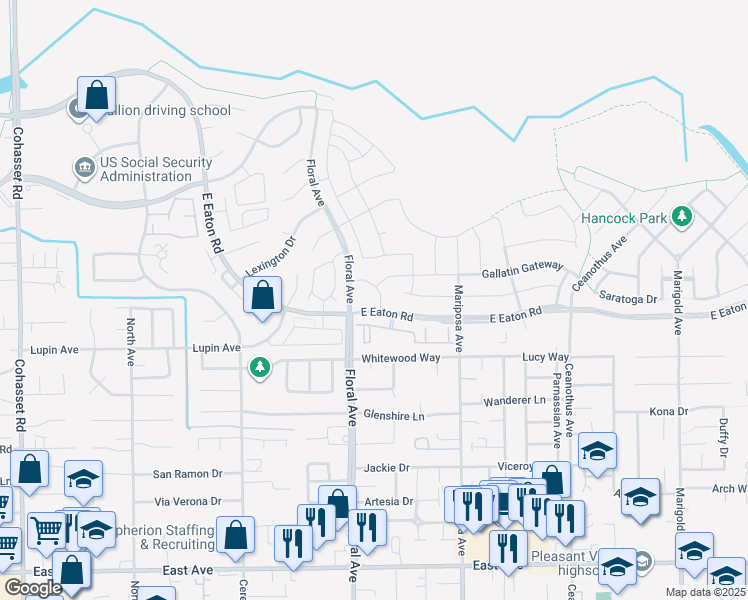 map of restaurants, bars, coffee shops, grocery stores, and more near 3010 Floral Avenue in Chico