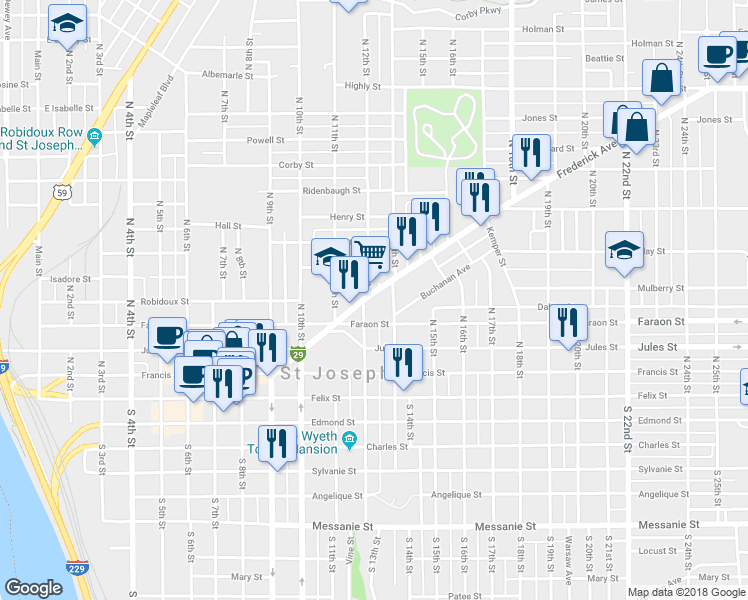 map of restaurants, bars, coffee shops, grocery stores, and more near 1208 Frederick Avenue in Saint Joseph