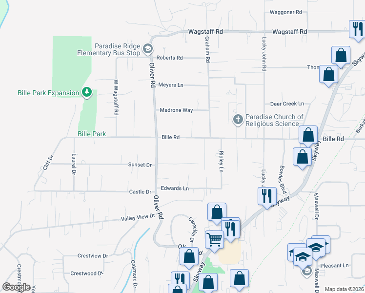 map of restaurants, bars, coffee shops, grocery stores, and more near 680 Bille Road in Paradise