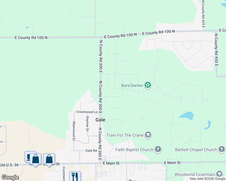 map of restaurants, bars, coffee shops, grocery stores, and more near 567 North County Road 300 East in Danville