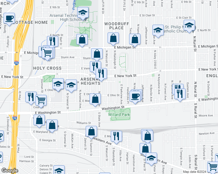 map of restaurants, bars, coffee shops, grocery stores, and more near 229 North Walcott Street in Indianapolis