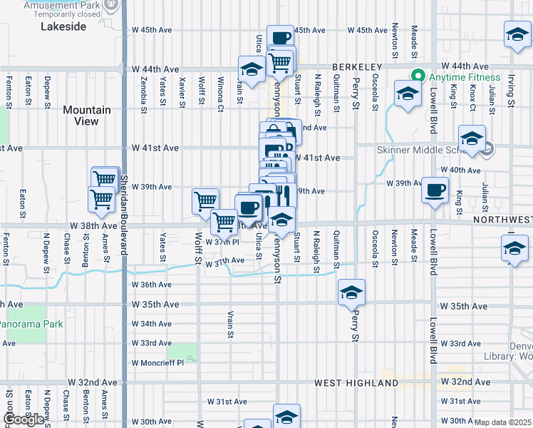 map of restaurants, bars, coffee shops, grocery stores, and more near 3825 Tennyson Street in Denver