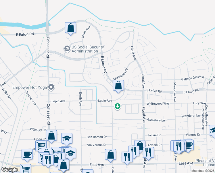 map of restaurants, bars, coffee shops, grocery stores, and more near 2756 Ceres Avenue in Chico