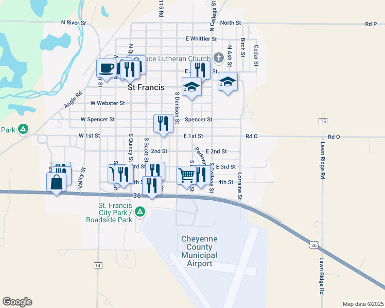 map of restaurants, bars, coffee shops, grocery stores, and more near 518 South Frances Street in Saint Francis