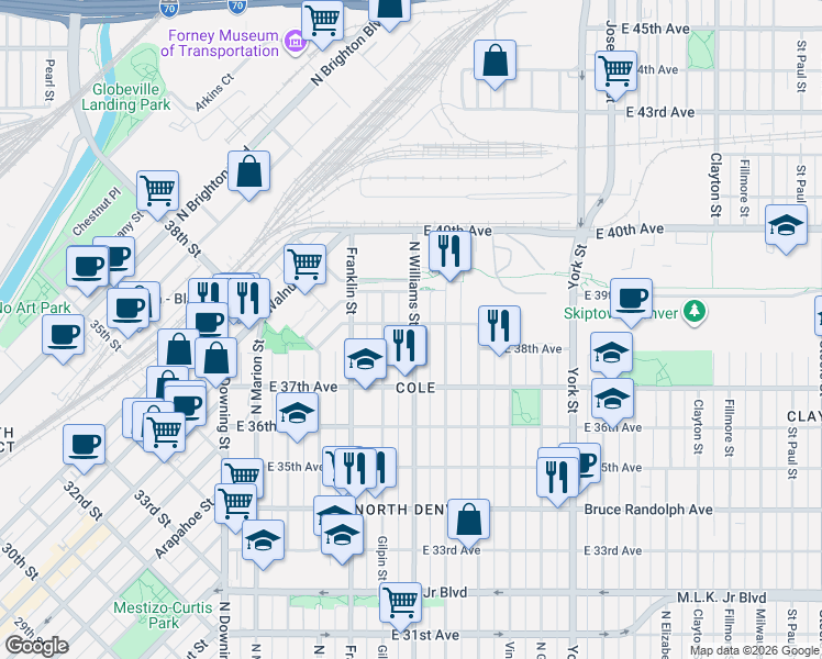 map of restaurants, bars, coffee shops, grocery stores, and more near in Denver