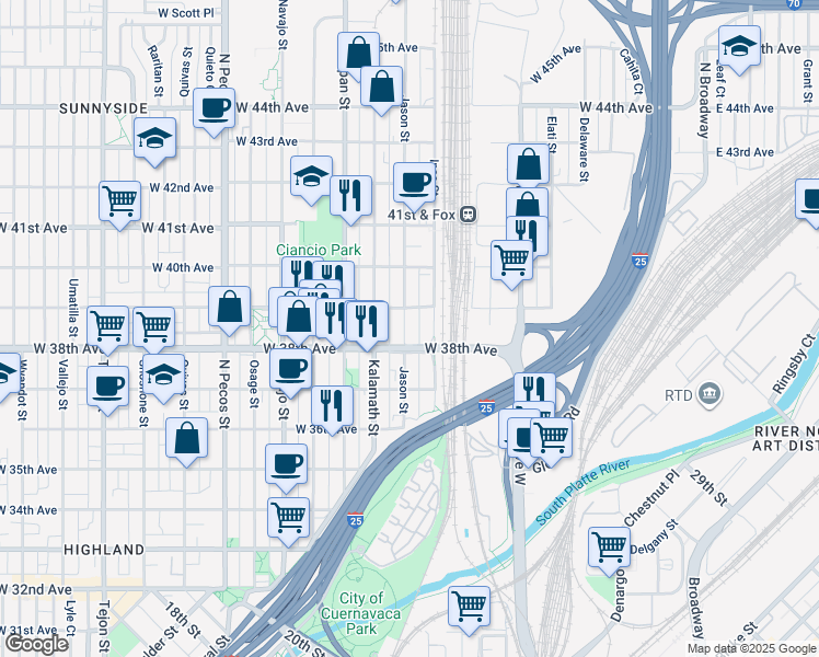 map of restaurants, bars, coffee shops, grocery stores, and more near 3819 Inca Street in Denver