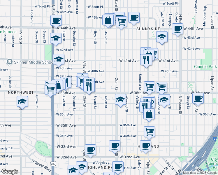 map of restaurants, bars, coffee shops, grocery stores, and more near 2421 West 38th Avenue in Denver