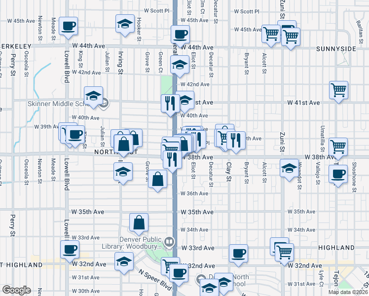 map of restaurants, bars, coffee shops, grocery stores, and more near 2923 West 38th Avenue in Denver