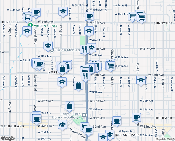 map of restaurants, bars, coffee shops, grocery stores, and more near 3811 Federal Boulevard in Denver