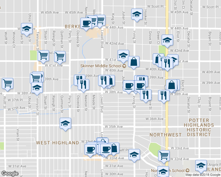 map of restaurants, bars, coffee shops, grocery stores, and more near 3400 West 38th Avenue in Denver