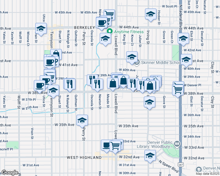 map of restaurants, bars, coffee shops, grocery stores, and more near in Denver